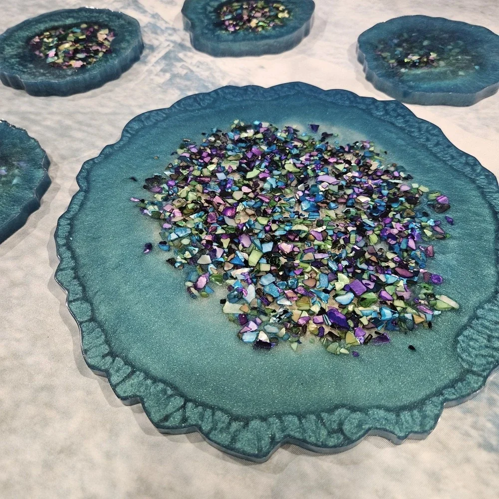 Handmade Teal Resin Coaster Set‎ Geode Style Iridescent Drink Coasters Set Of 5